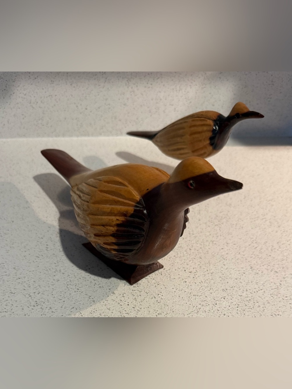 Vintage 2pcs Jamaican Hand Carved Wooden Bird Figurines on Matching Stands